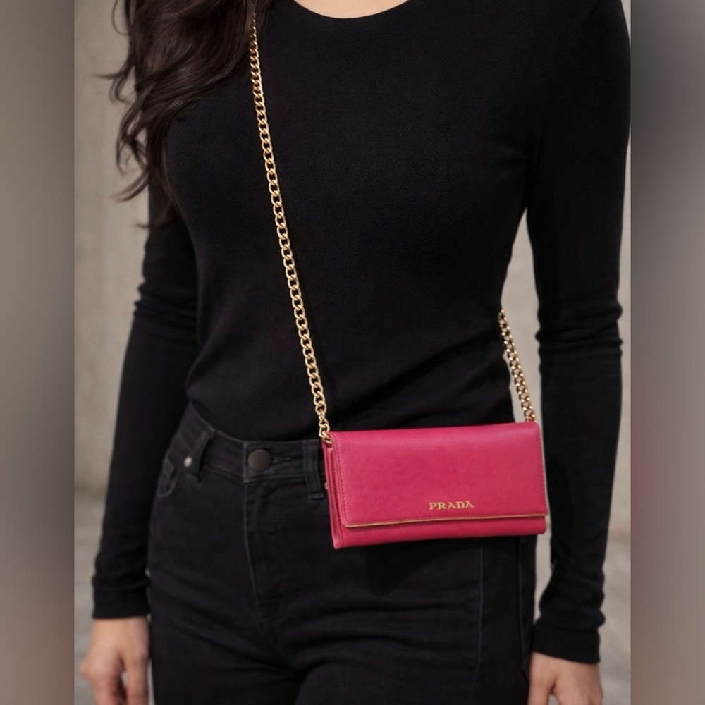 Prada Saffiano Leather Flap Wallet - Pink with Gold Crossbody Chain